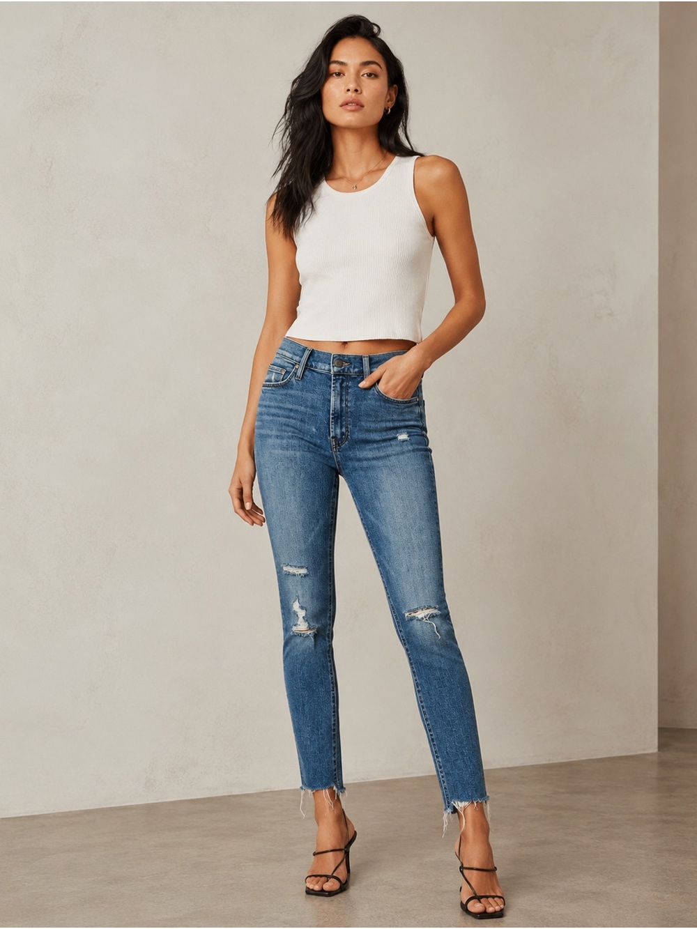 MOTHER Distressed Skinny Ankle Jeans Raw Hem Blue Size 27